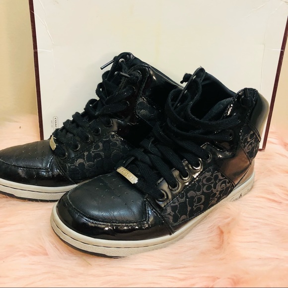 COACH - NORRA STYLE - BLACK SIGNATURE CANVAS & LEATHER WOMEN’S HIGHTOPS - SZ 7 - Picture 1 of 12